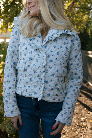 Ruffle Floral Jacket, Ivory/Blue