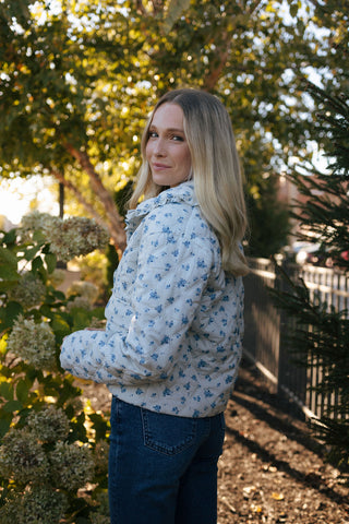 Ruffle Floral Jacket, Ivory/Blue