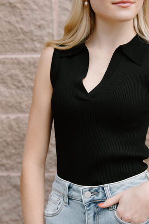 Collared Ribbed Top, Black