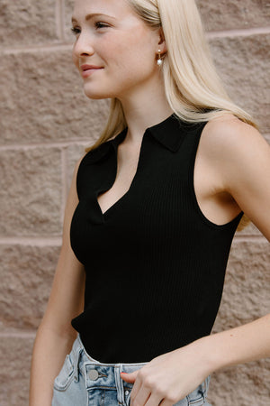 Collared Ribbed Top, Black