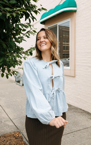 Denim Stripe Bow Tie Shirt