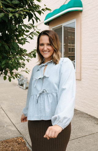 Denim Stripe Bow Tie Shirt