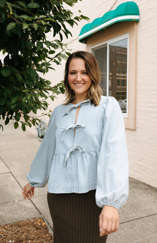 Denim Stripe Bow Tie Shirt