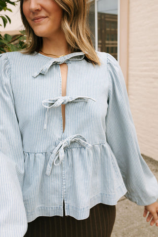 Denim Stripe Bow Tie Shirt