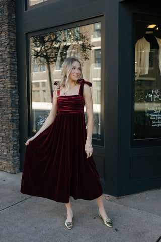 Velvet Tie Strap Midi Dress, Burgundy *final sale