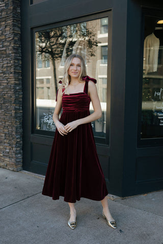 Velvet Tie Strap Midi Dress, Burgundy *final sale