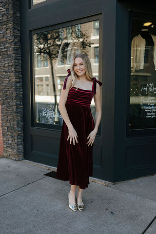 Velvet Tie Strap Midi Dress, Burgundy *final sale