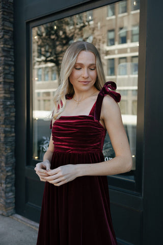 Velvet Tie Strap Midi Dress, Burgundy *final sale