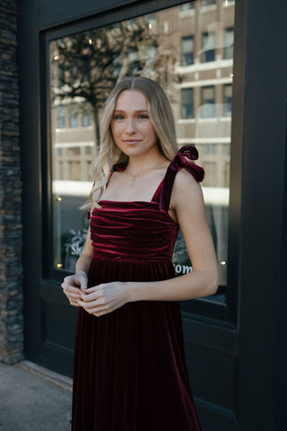 Velvet Tie Strap Midi Dress, Burgundy *final sale