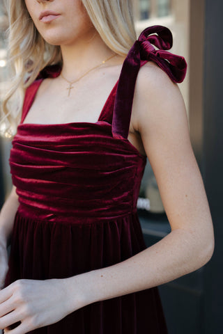 Velvet Tie Strap Midi Dress, Burgundy *final sale