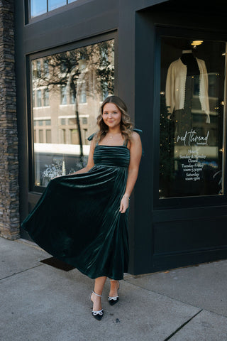 Velvet Tie Strap Midi Dress, Green *final sale