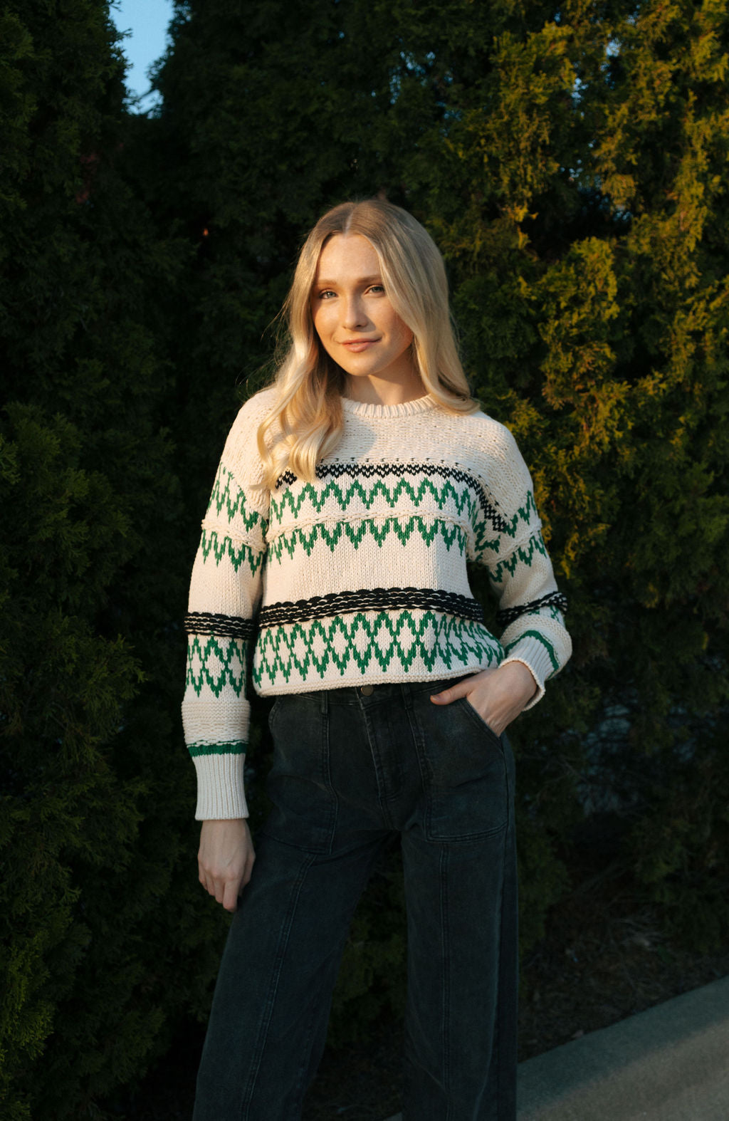 Aztec Sweater, Green/Cream