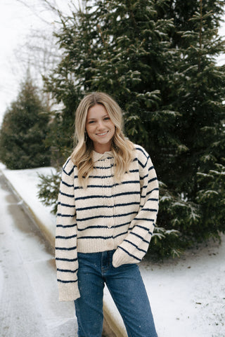 Button Stripe Knit Cardigan, Navy