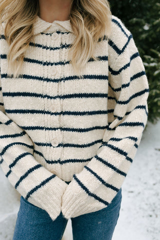 Button Stripe Knit Cardigan, Navy