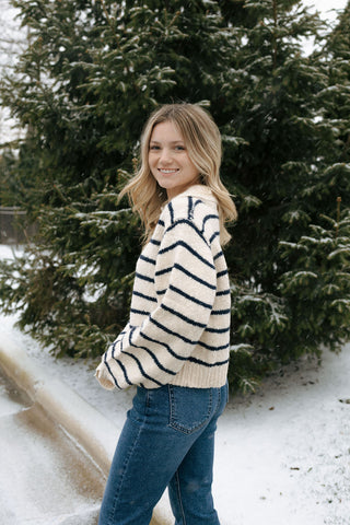 Button Stripe Knit Cardigan, Navy