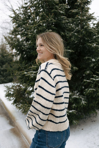 Button Stripe Knit Cardigan, Navy