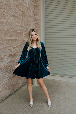 Velvet Button Down Dress, Teal *final sale