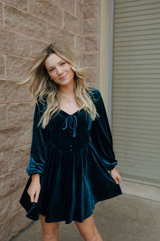 Velvet Button Down Dress, Teal *final sale