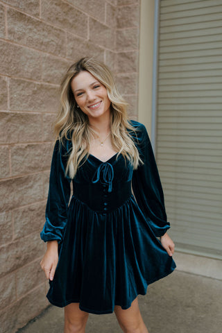 Velvet Button Down Dress, Teal *final sale