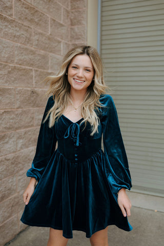 Velvet Button Down Dress, Teal *final sale