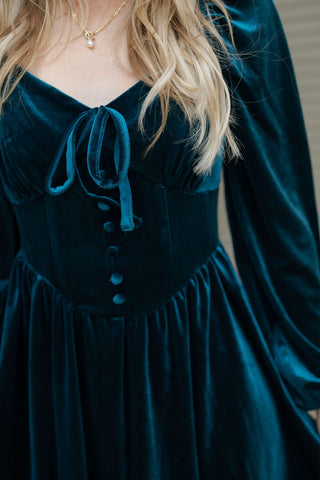 Velvet Button Down Dress, Teal *final sale