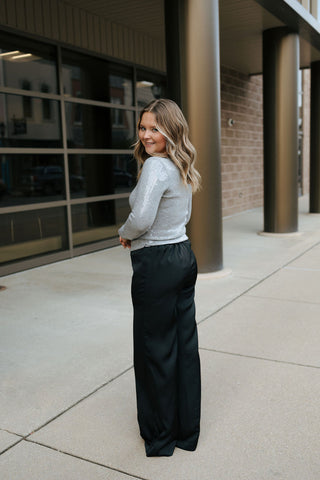 Wide Leg Satin Pants, Black *final sale