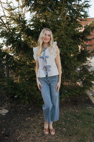 Tie Front Ruffle Sleeveless Top, Blue Stripe