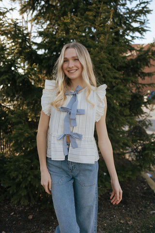 Tie Front Ruffle Sleeveless Top, Blue Stripe