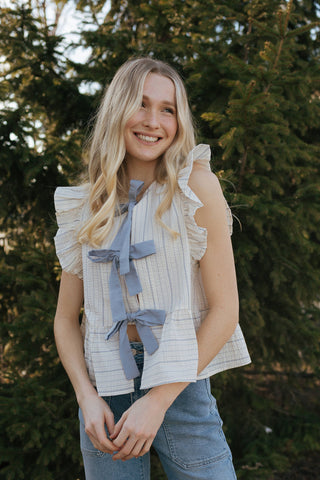 Tie Front Ruffle Sleeveless Top, Blue Stripe