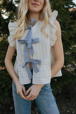 Tie Front Ruffle Sleeveless Top, Blue Stripe