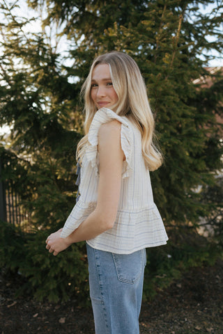 Tie Front Ruffle Sleeveless Top, Blue Stripe