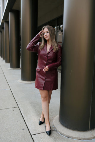 Faux Leather Blazer Dress, Wine