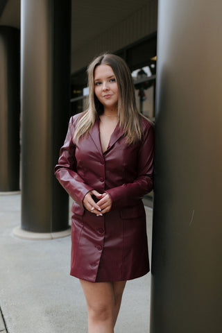 Faux Leather Blazer Dress, Wine