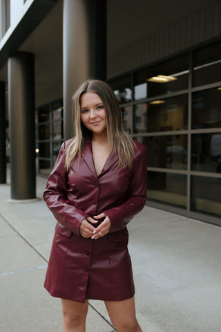 Faux Leather Blazer Dress, Wine