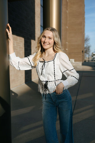 Black Ribbon Top, White