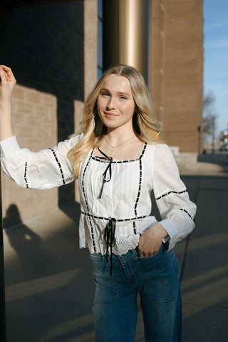 Black Ribbon Top, White