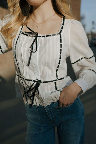 Black Ribbon Top, White