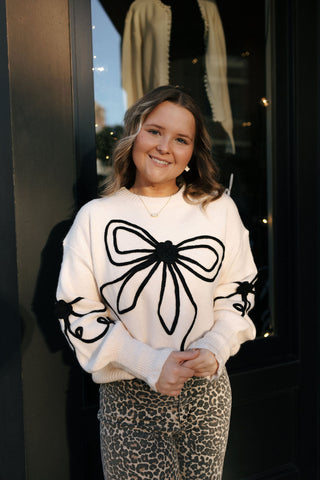 Bow Embroidered Sweater, Cream