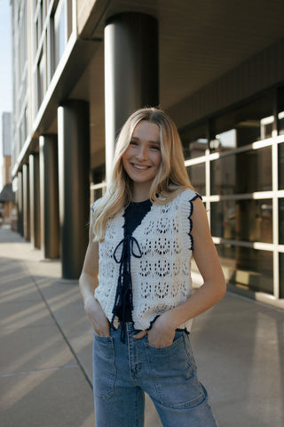 Crochet Vest, Off White/Navy