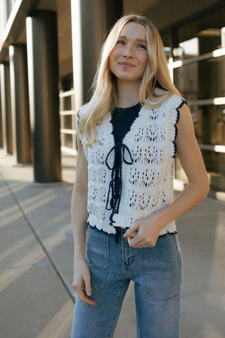 Crochet Vest, Off White/Navy