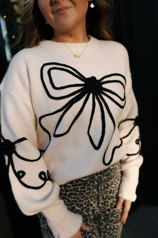 Bow Embroidered Sweater, Cream