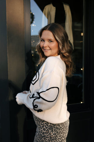 Bow Embroidered Sweater, Cream