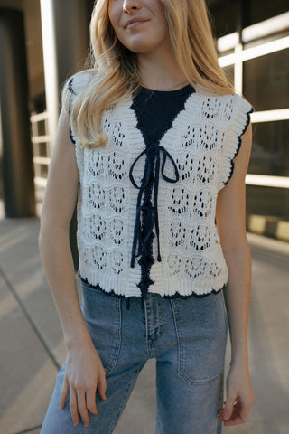 Crochet Vest, Off White/Navy