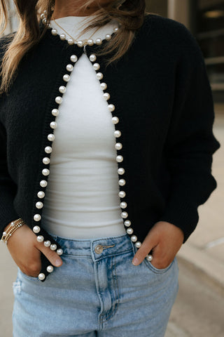 Pearl Trim Cardigan, Black *final sale