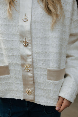 Jewel Button Up Tweed Jacket, Cream