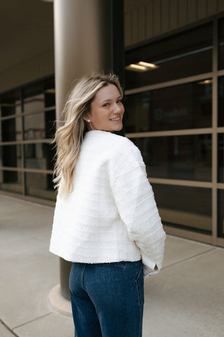 Jewel Button Up Tweed Jacket, Cream