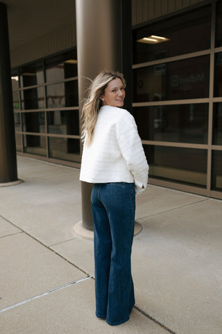 Jewel Button Up Tweed Jacket, Cream