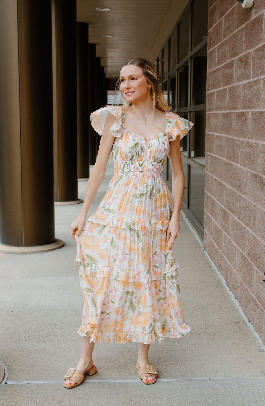 Ruffle Floral Dress, Ivory