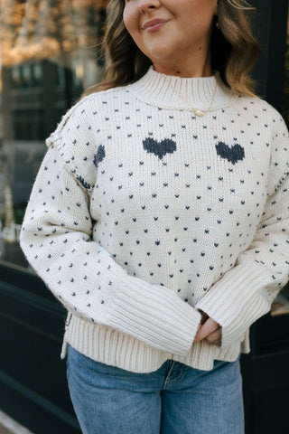 Heart Pattern Sweater, Cream/Blue