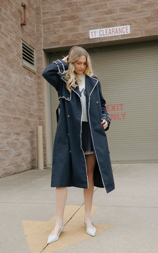 Lace Trim Trench Coat, Navy